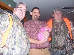 Pastor Bartlett (our Pastor) and Pastor VanHorn (another dear Pastor in the area) came to our property to hunt when Sadie was only 3 days old.  They came inside after their hunt to see little Sadie.  Special!